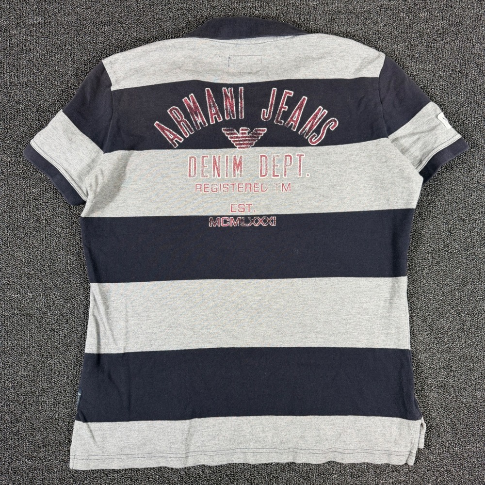 Armani Jeans Mens XL Polo Shirt Navy Blue Grey Striped Big Spellout Graphic Y2K